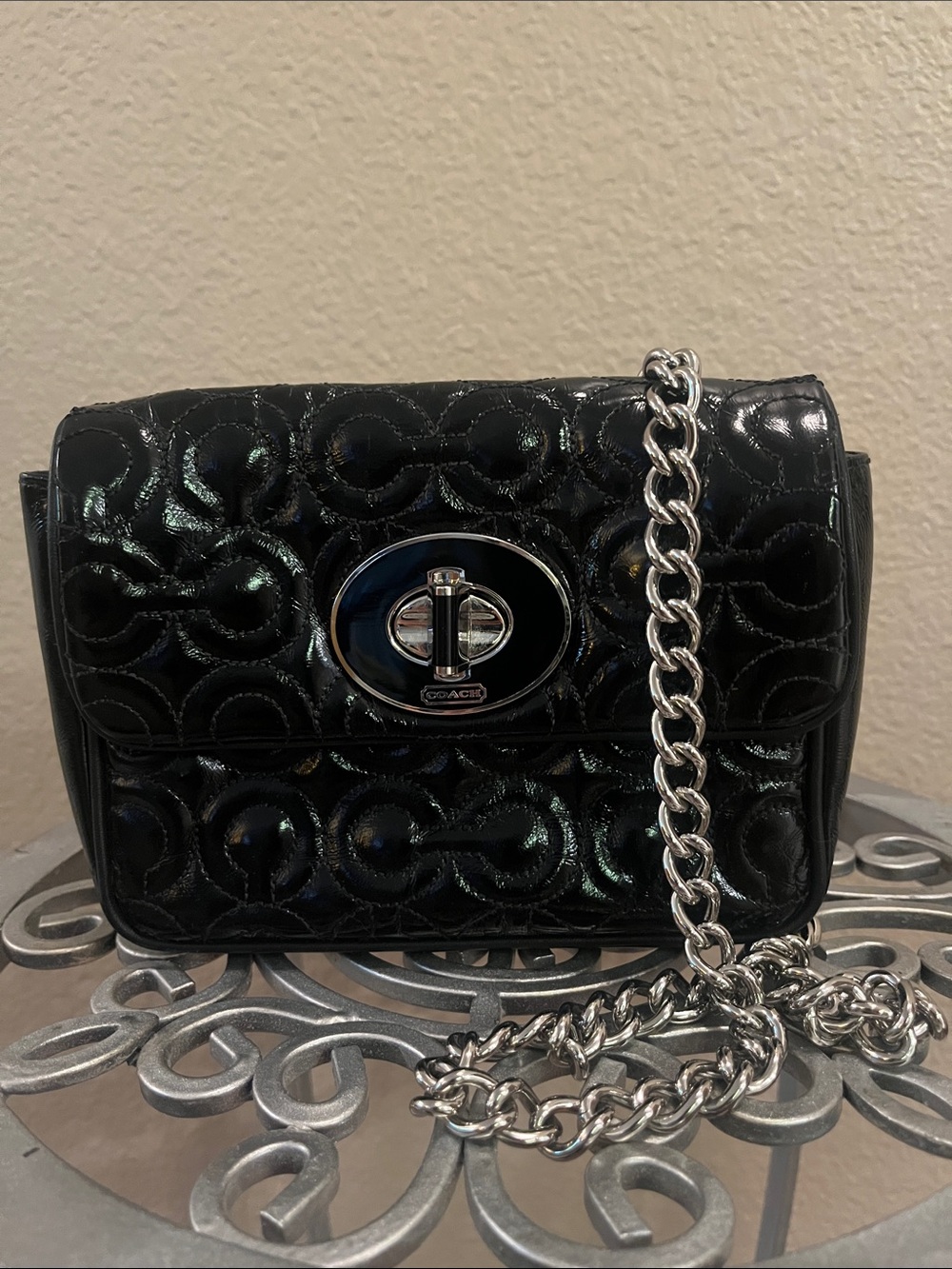Coach Black Patent Leather Turnlock Crossbody with Silver Chain